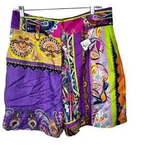 ETRO Milano Silk Shorts in Bright Multi-Color Paisley Blocked Print 10 NWT $383